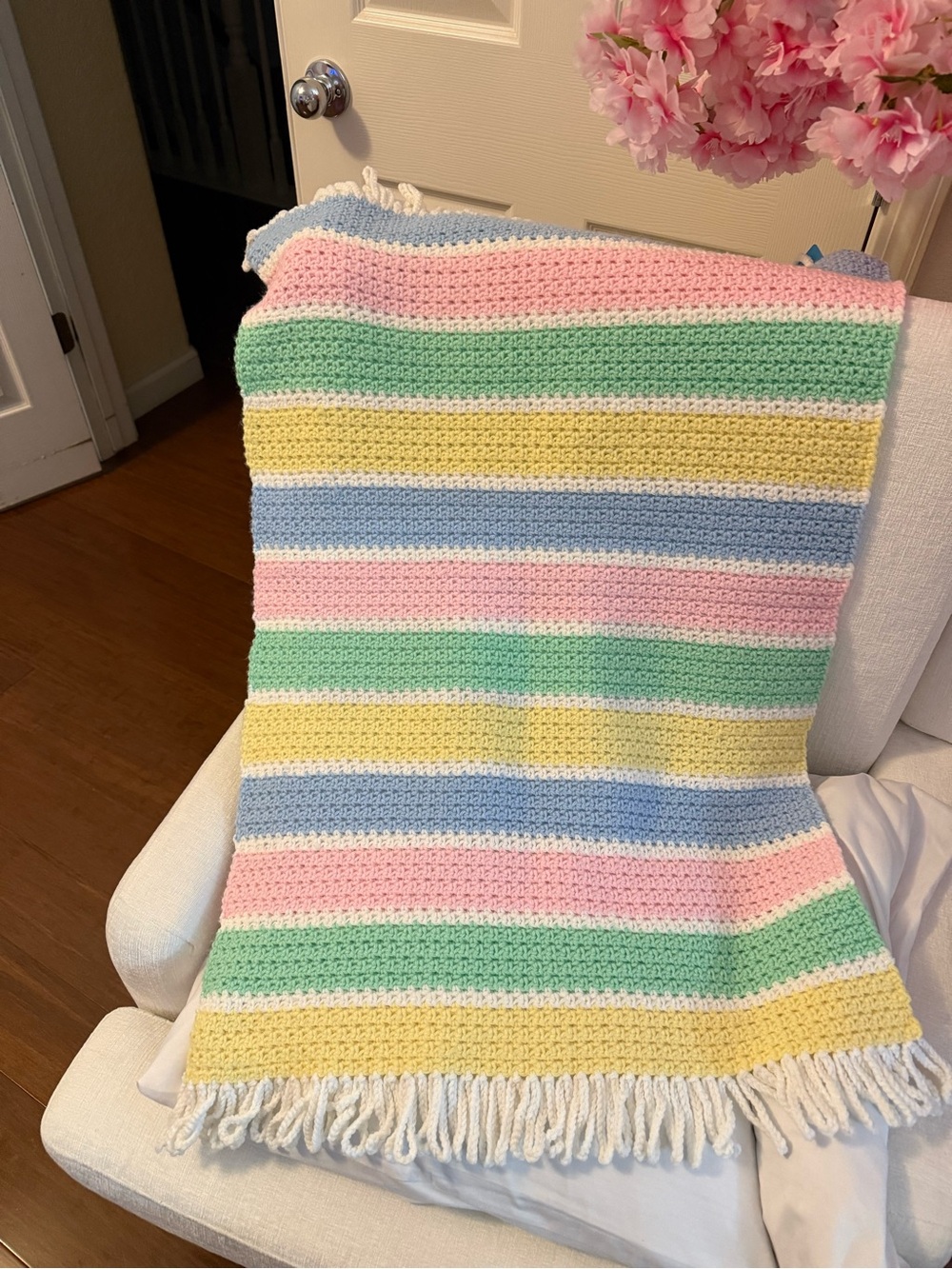 Handmade Cotton Crochet Afghan Lullaby Baby Blanket NWOT. Pastel Colors